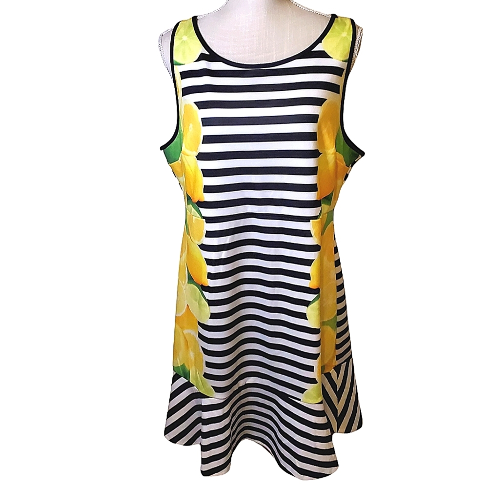 ELLE | Women's black & white striped lemon print sleeveless dress. Size 16.